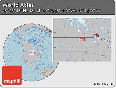 Gray Location Map of the Area around 48° 30' 27" N, 97° 40' 30" W, hill shading