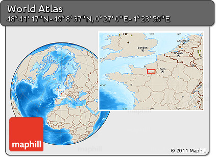 Shaded Relief Location Map of the Area around 48° 54' 57" N, 0° 55' 29" E