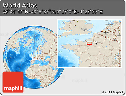 Shaded Relief Location Map of the Area around 48° 54' 57" N, 0° 55' 29" E