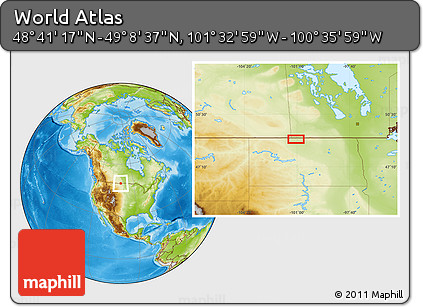 Physical Location Map of the Area around 48° 54' 57" N, 101° 4' 29" W