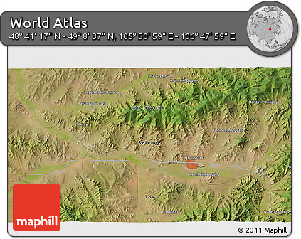 Satellite 3D Map of the Area around 48° 54' 57" N, 106° 19' 29" E