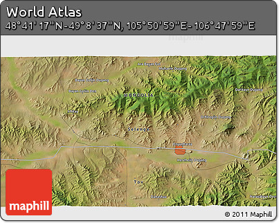 Satellite 3D Map of the Area around 48° 54' 57" N, 106° 19' 29" E