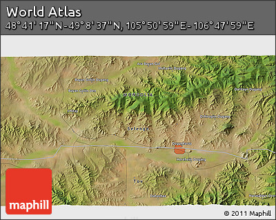 Satellite 3D Map of the Area around 48° 54' 57" N, 106° 19' 29" E