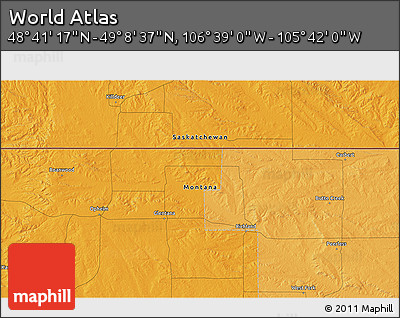 Political 3D Map of the Area around 48° 54' 57" N, 106° 10' 30" W