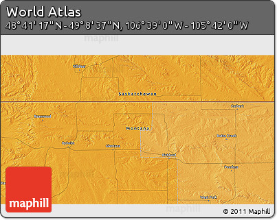 Political 3D Map of the Area around 48° 54' 57" N, 106° 10' 30" W
