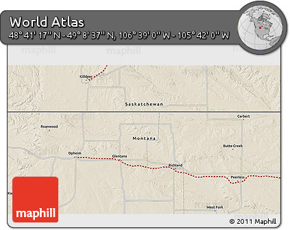 Shaded Relief 3D Map of the Area around 48° 54' 57" N, 106° 10' 30" W
