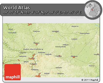 Physical 3D Map of the Area around 48° 54' 57" N, 10° 16' 30" E