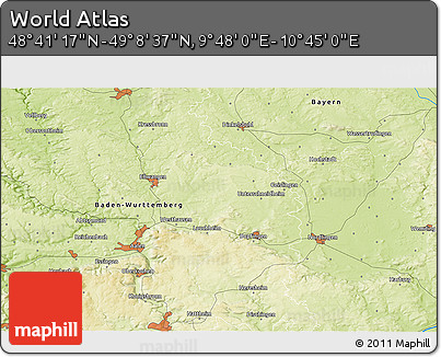 Physical 3D Map of the Area around 48° 54' 57" N, 10° 16' 30" E