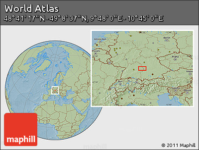 Savanna Style Location Map of the Area around 48° 54' 57" N, 10° 16' 30" E, hill shading