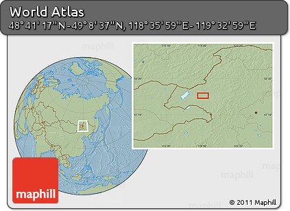 Savanna Style Location Map of the Area around 48° 54' 57" N, 119° 4' 29" E, hill shading