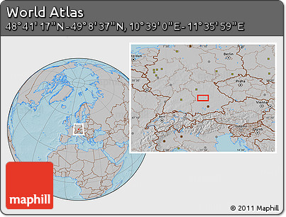 Gray Location Map of the Area around 48° 54' 57" N, 11° 7' 30" E, hill shading