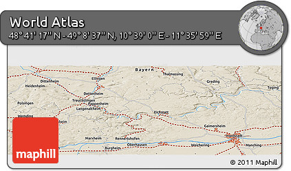 Shaded Relief Panoramic Map of the Area around 48° 54' 57" N, 11° 7' 30" E