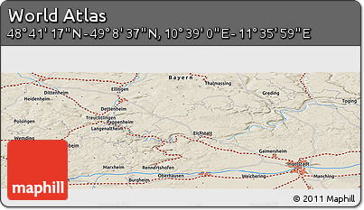 Shaded Relief Panoramic Map of the Area around 48° 54' 57" N, 11° 7' 30" E