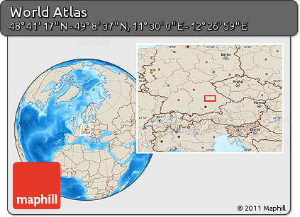 Shaded Relief Location Map of the Area around 48° 54' 57" N, 11° 58' 29" E