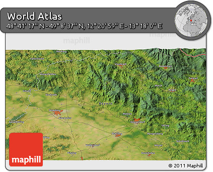 Satellite 3D Map of the Area around 48° 54' 57" N, 12° 49' 29" E