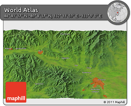 Satellite 3D Map of the Area around 48° 54' 57" N, 132° 40' 30" E