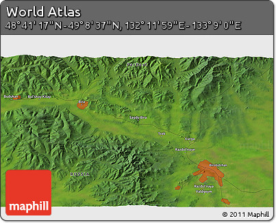 Satellite 3D Map of the Area around 48° 54' 57" N, 132° 40' 30" E