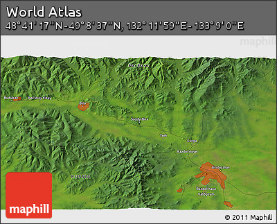 Satellite 3D Map of the Area around 48° 54' 57" N, 132° 40' 30" E