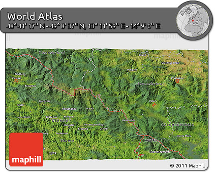 Satellite 3D Map of the Area around 48° 54' 57" N, 13° 40' 30" E