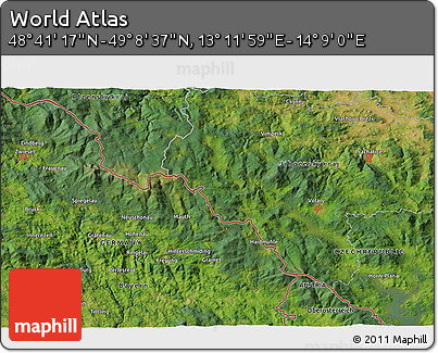 Satellite 3D Map of the Area around 48° 54' 57" N, 13° 40' 30" E