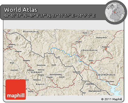 Shaded Relief 3D Map of the Area around 48° 54' 57" N, 13° 40' 30" E