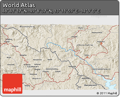 Shaded Relief 3D Map of the Area around 48° 54' 57" N, 13° 40' 30" E