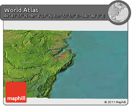 Satellite 3D Map of the Area around 48° 54' 57" N, 140° 19' 29" E