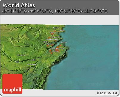 Satellite 3D Map of the Area around 48° 54' 57" N, 140° 19' 29" E