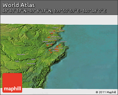 Satellite 3D Map of the Area around 48° 54' 57" N, 140° 19' 29" E