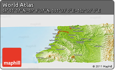 Physical Panoramic Map of the Area around 48° 54' 57" N, 142° 1' 30" E