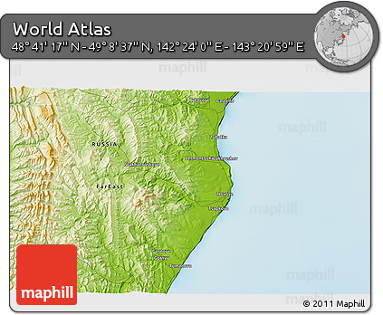 Physical 3D Map of the Area around 48° 54' 57" N, 142° 52' 30" E