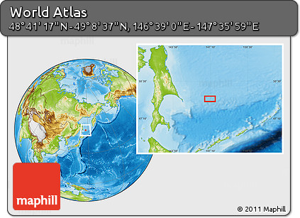 Physical Location Map of the Area around 48° 54' 57" N, 147° 7' 30" E