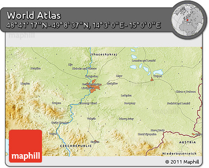 Physical 3D Map of the Area around 48° 54' 57" N, 14° 31' 30" E