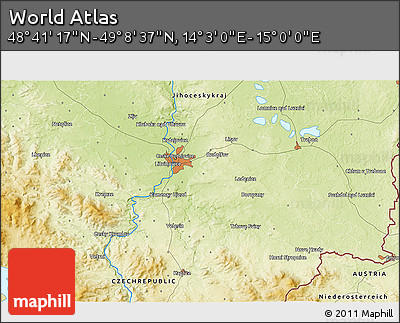 Physical 3D Map of the Area around 48° 54' 57" N, 14° 31' 30" E