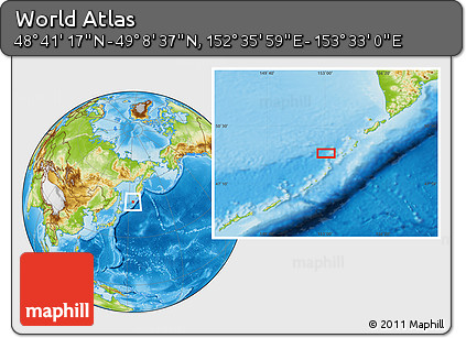 Physical Location Map of the Area around 48° 54' 57" N, 153° 4' 29" E