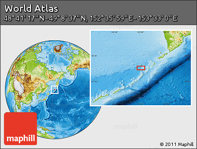 Physical Location Map of the Area around 48° 54' 57" N, 153° 4' 29" E