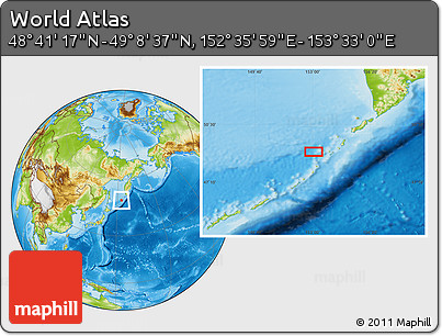 Physical Location Map of the Area around 48° 54' 57" N, 153° 4' 29" E