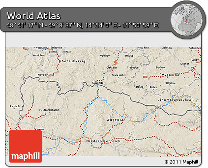 Shaded Relief 3D Map of the Area around 48° 54' 57" N, 15° 22' 30" E
