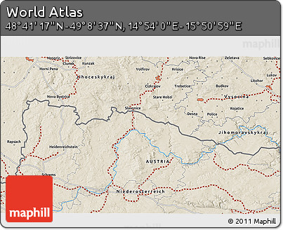 Shaded Relief 3D Map of the Area around 48° 54' 57" N, 15° 22' 30" E