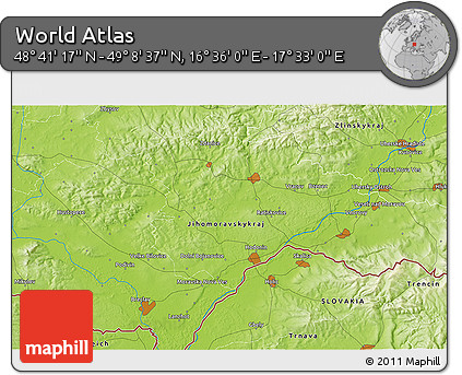 Physical 3D Map of the Area around 48° 54' 57" N, 17° 4' 30" E
