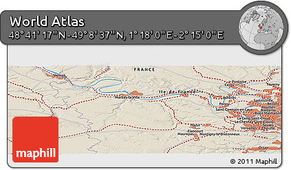Shaded Relief Panoramic Map of the Area around 48° 54' 57" N, 1° 46' 29" E