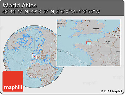 Gray Location Map of the Area around 48° 54' 57" N, 1° 37' 30" W, hill shading