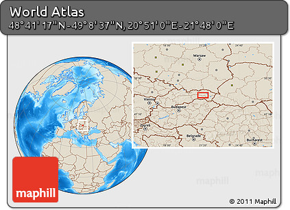 Shaded Relief Location Map of the Area around 48° 54' 57" N, 21° 19' 30" E