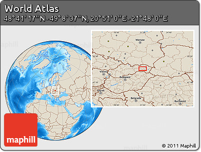 Shaded Relief Location Map of the Area around 48° 54' 57" N, 21° 19' 30" E