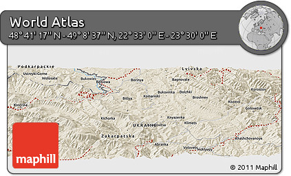 Shaded Relief Panoramic Map of the Area around 48° 54' 57" N, 23° 1' 29" E