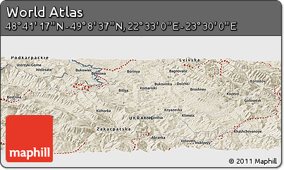 Shaded Relief Panoramic Map of the Area around 48° 54' 57" N, 23° 1' 29" E