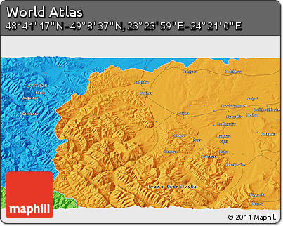 Political 3D Map of the Area around 48° 54' 57" N, 23° 52' 30" E