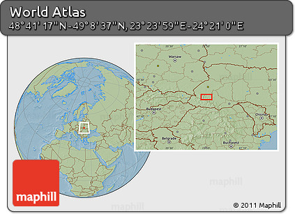 Savanna Style Location Map of the Area around 48° 54' 57" N, 23° 52' 30" E, hill shading