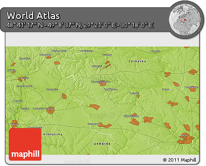 Physical 3D Map of the Area around 48° 54' 57" N, 29° 49' 30" E