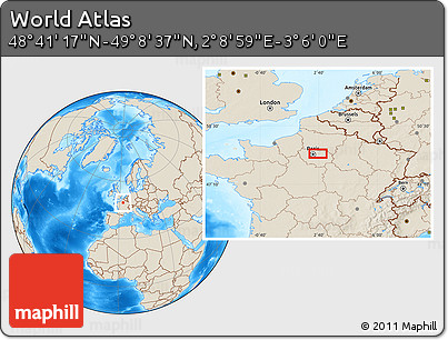 Shaded Relief Location Map of the Area around 48° 54' 57" N, 2° 37' 30" E